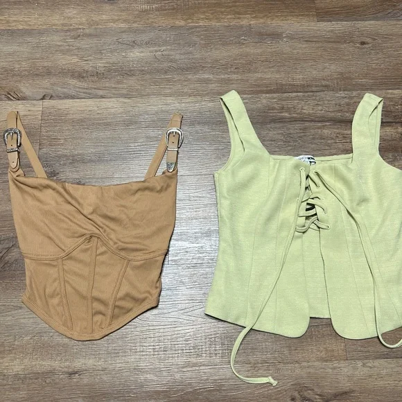 Women’s Buckle Corset in Brown and Lace-Up Square Neck Crop Top in Light Green - Picture 1 of 3